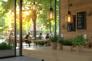 Obraz premium empty wooden table top with a blurred background of a coffee shop interior