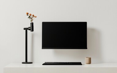 Minimalist Black Monitor and Keyboard Workspace with Orange Flowers
