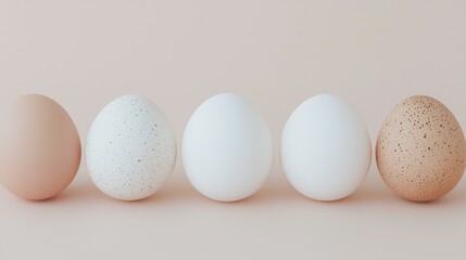 Five different Easter eggs in row on a light pink backdrop, mottled, spotty, white colorations, seasonal painted food, Easter holiday and traditions, Copy space