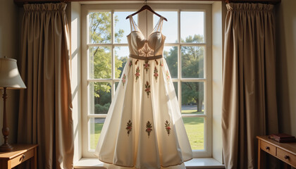 Elegant wedding dress hanging in sunlit window, wedding preparations