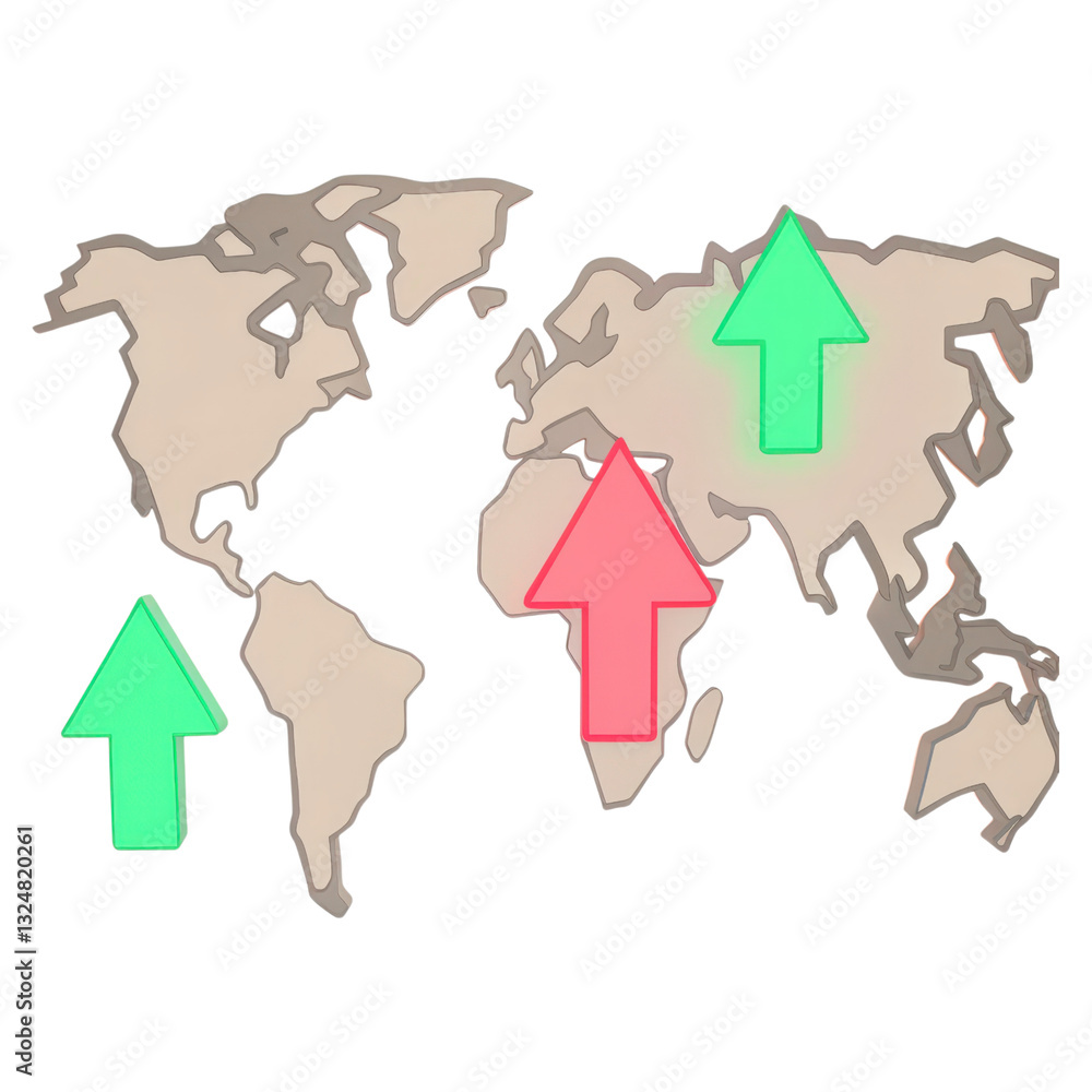 Poster a world map featuring multiple upward trend indicators for visualizing growth.