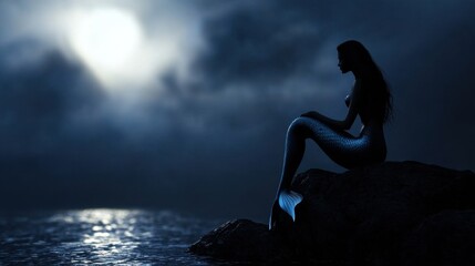 A mysterious mermaid is perched on rugged rocks at the ocean's edge, silhouetted against a glowing full moon. The night sky is filled with dark clouds, enhancing the mystical atmosphere
