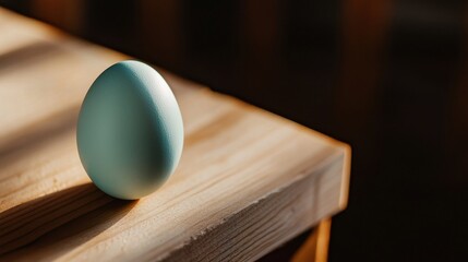 A pastel blue egg stands upright on a smooth wooden surface, bathed in soft morning light that creates gentle shadows. The ambiance is calm and serene, enhancing the egg's unique color