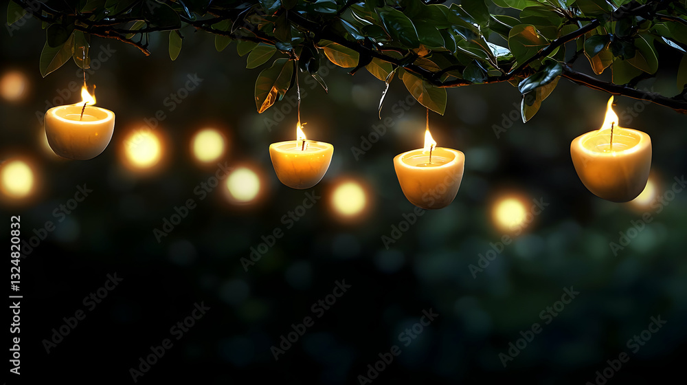 Poster close up of hanging candles lit with soft yellow glow displayed on a branch with blurred bokeh light