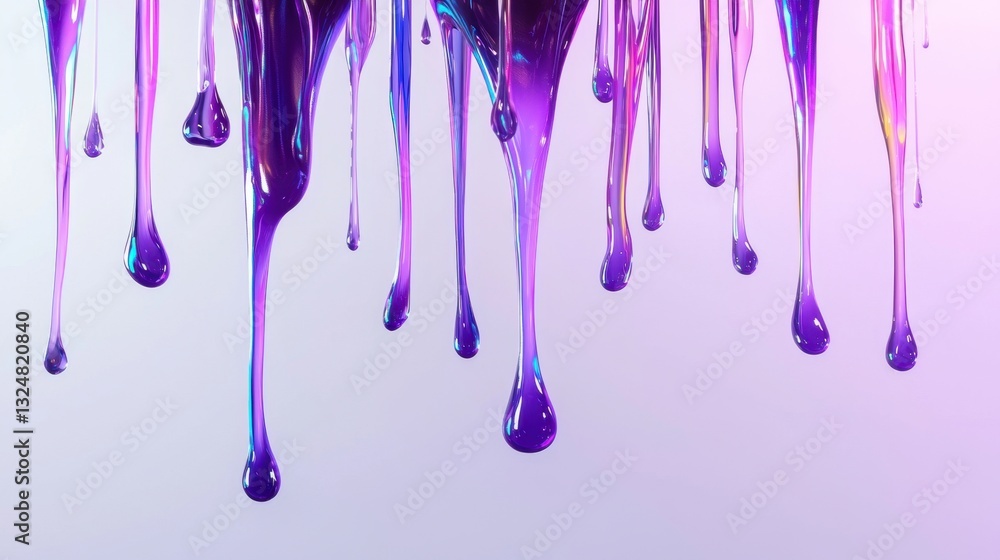 Poster purple liquid is suspended and dripping in various lengths, creating an artistic and vibrant effect 