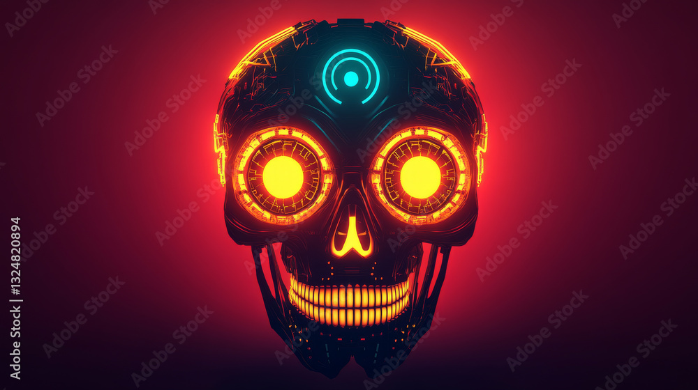 Poster ai with scary face on halloween. head skull of robot with lighting eyes. bad artificial intelligence