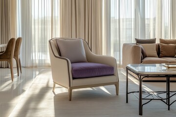 A lavender and cream armchair centers a luxurious living room, framed by off-white curtains, a contemporary iron coffee table, and earth-toned sofas