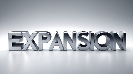 Large chrome letters spelling expansion arranged on a smooth surface under soft lighting