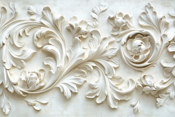 Intricate white plaster relief carving featuring swirling floral patterns and acanthus leaves, classic baroque style.