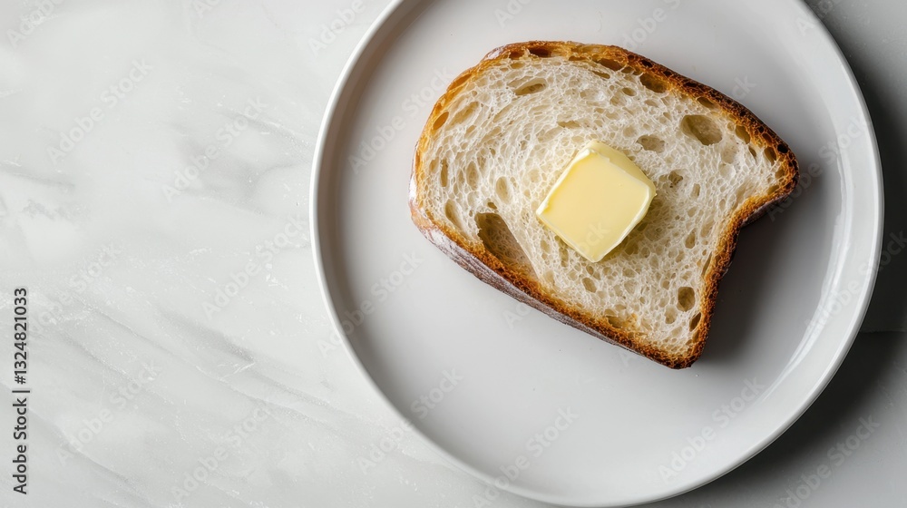 Poster a crusty slice of toasted bread sits on a round plate, showcasing a small pat of butter melting gent