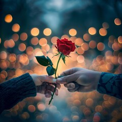 two hands holding a single red rose against a blurred background of bokeh lights