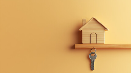 a key with a small wooden house frame and stand on yellow wall and key hanging on it
