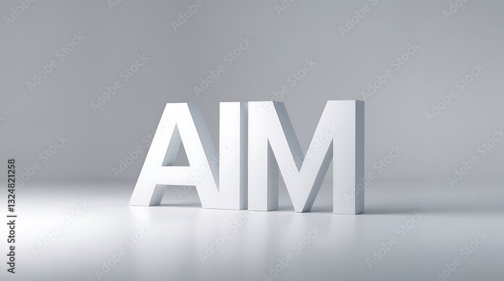 Poster large white letters spelling aim on a smooth gray surface in a minimalist setting