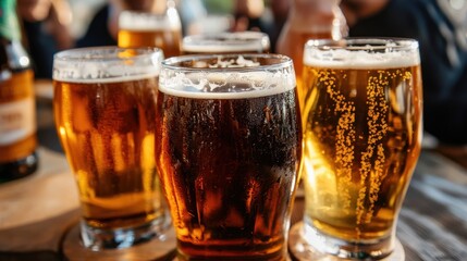 Variety of cold craft beers in glasses on a wooden table at a bar. National Rotate Your Beer Day