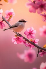 Bird on tree branch with beautiful flower in Spring.