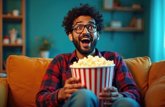 Excited indian man with beard in glasses, red checkered shirt eats popcorn, watching movie on sofa at home. Guy enjoys tv show, entertainment online content, laughs hard. Weekend relax lifestyle.