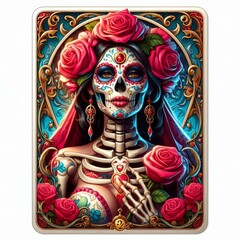 Naklejka premium La Catrina: A Floral Day of the Dead Tarot Card Depiction with Intricate Details