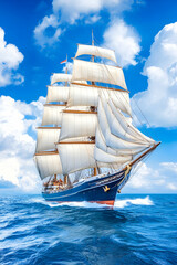 Full-sail majestic ship gliding across open ocean under a vibrant sky