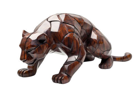 A stunning wooden sculpture of a crouching panther displayed artistically on a simple backdrop isolated on transparent background
