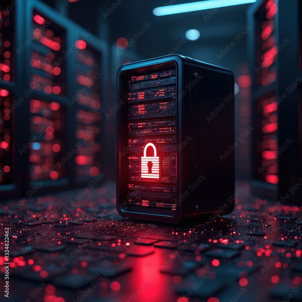 Poster futuristic data server with glowing security lock, cybersecurity, data protection, encryption in mod