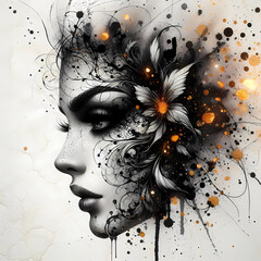 A stunning black and white tattoo design emerges on a textured white background,