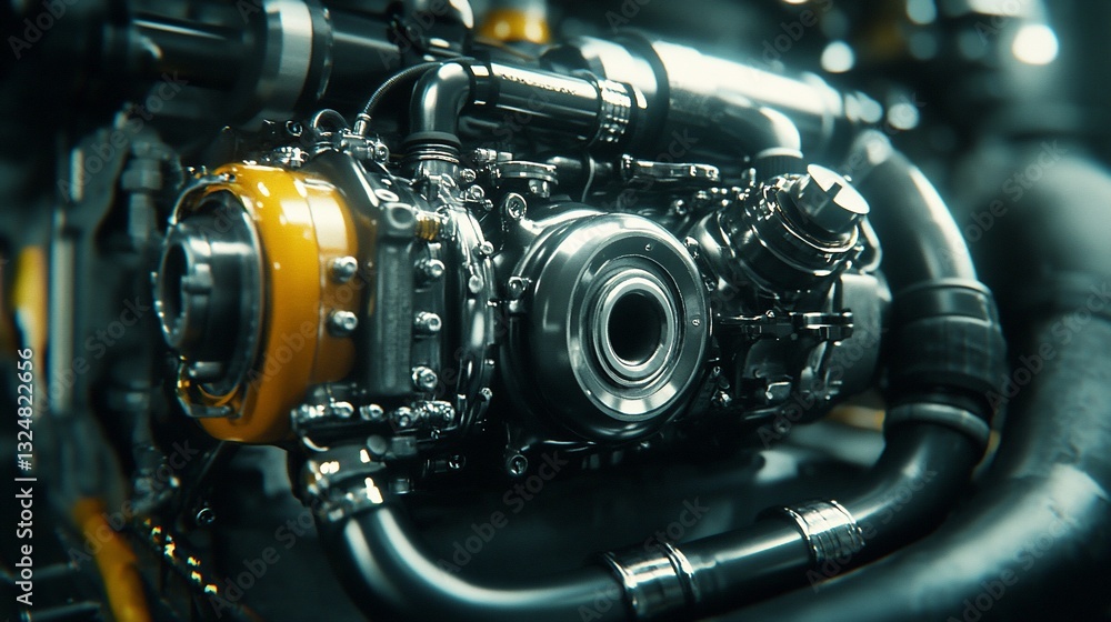 Poster close-up of a complex, powerful engine with intricate details and metallic components