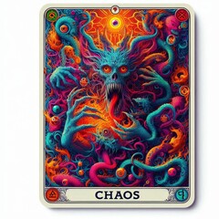Intricate depiction of chaos embodied in a fantastical tarot card design