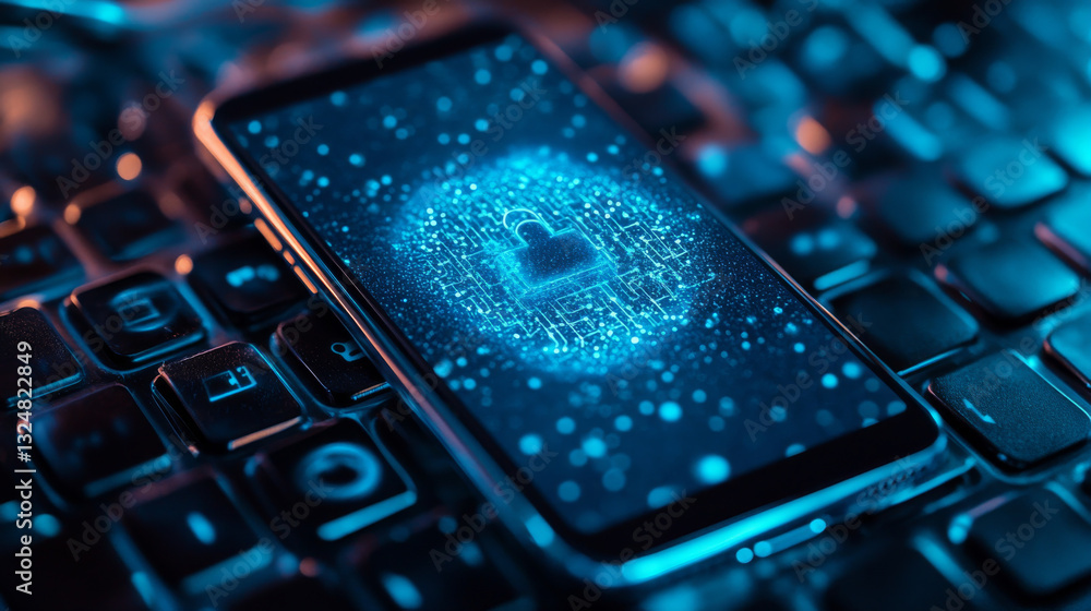 Poster smartphone is protected from hacker attacks, protected from viruses and spam, antivirus. hand holds 