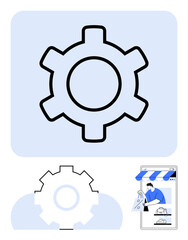 Large gear on soft background with cloud accent, paired with online shop scene. Ideal for configuration, e-commerce, technology, service management, digital solutions, process collaboration. Flat