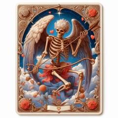 Obraz premium Skeletal Cupid Tarot: Ethereal Winged Skeleton with Bow and Arrow in Card Design