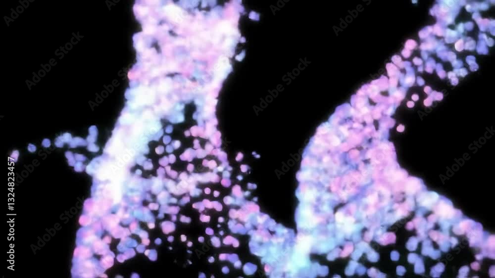 Poster abstract digital visualization of voice assistant interface with purple and blue particle effects on
