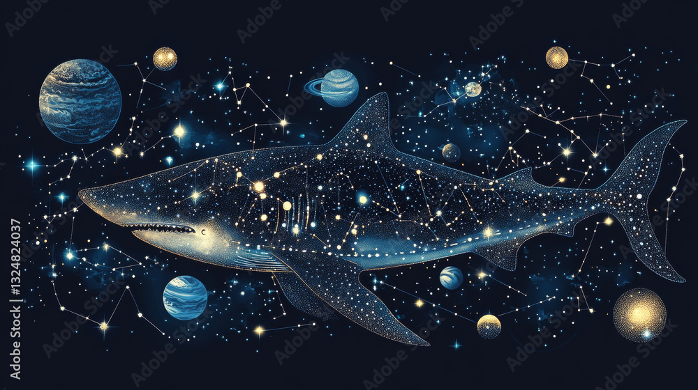 Poster abstract image of a shark in the form of a starry sky or space, consisting of points, lines, and sha