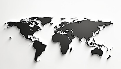 Stylized gray world map featuring continents in modern design with 3D shadow effect on white backdrop. Global cartography for educational, corporate, travel needs. International geopolitical concept