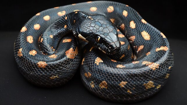 Coiled diamond python snake with black and gold scales