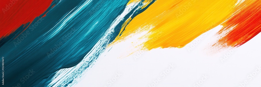 Poster bold abstract strokes in teal, yellow, and red create a vibrant background suitable for artistic exp