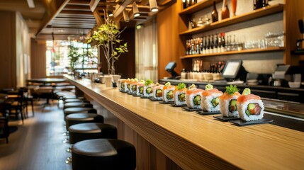 A stylish sushi bar showcases a long wooden counter with meticulously arranged sushi rolls. The atmosphere is lively, filled with diners enjoying their meal at midday
