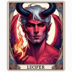 Conceptual tarot card depicting a devilish figure with horns and fiery wings
