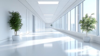 Obraz premium Bright Modern Corridor with Large Windows and Plants, A bright, modern corridor with large windows and potted plants lining the sides