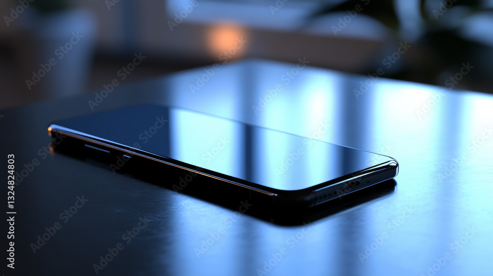 Poster modern glass smartphone hanging over the table with a smooth dark blue surface in perspective view w