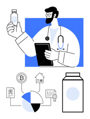 Doctor holding a tablet and a vial, accompanied by icons of financial assets, property, cryptocurrency, and pie charts. Ideal for healthcare, research, finance, innovation data analysis medicine