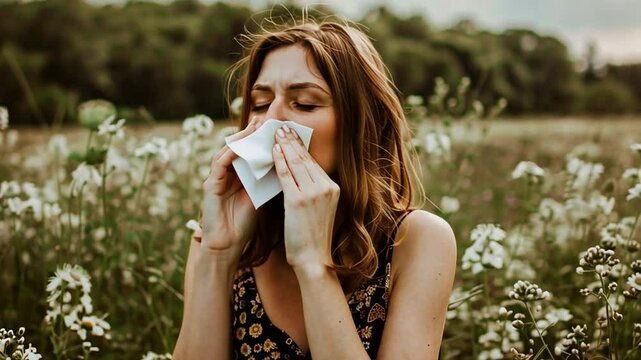 Frau mit Taschentuch leidet an Allergie