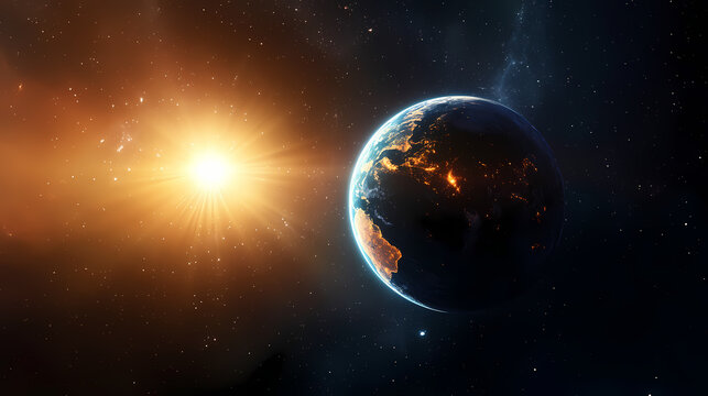 Earth in a precise orbital alignment, suns light piercing the vastness of space earth sun orbit, astronomical precision. ecliptic. illustration. Ecliptic Light. Illustration