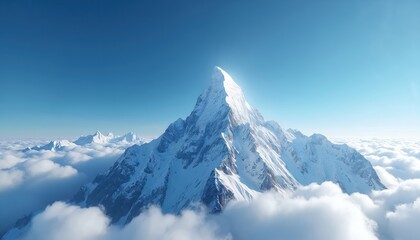 Obraz premium Stunning snow-capped mountain peak above clouds. Blue sky contrasts white snow. Ideal for nature, adventure, travel themes. High altitude, winter scenery, serene majestic natural beauty for
