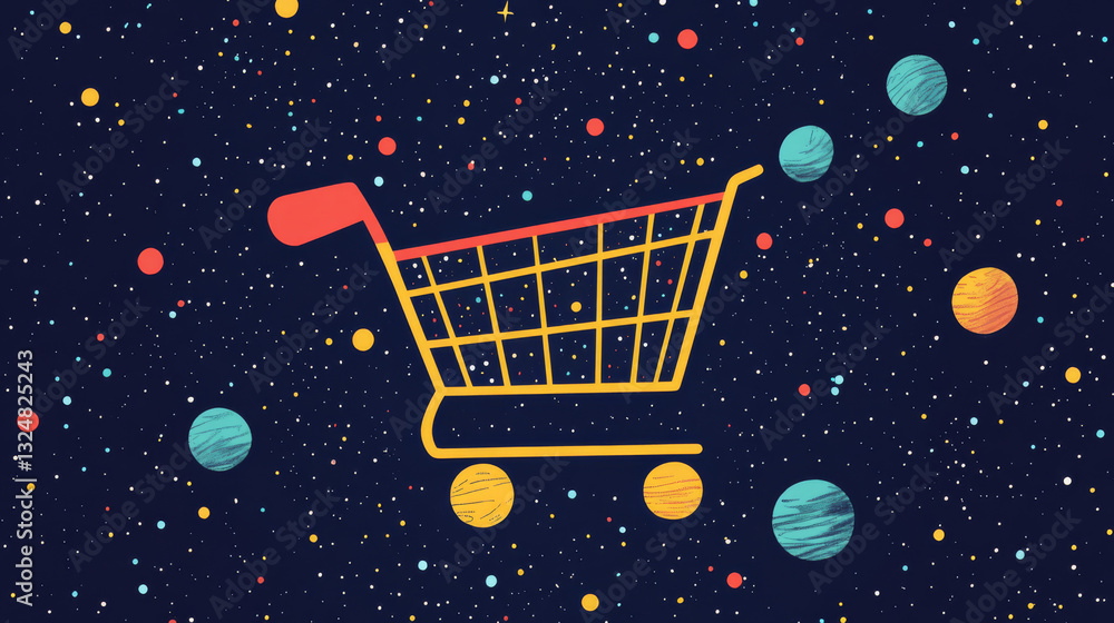 Poster abstract image of a shopping cart in the form of a starry sky or space, consisting of points, lines,
