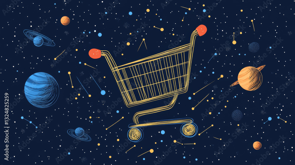 Poster abstract image of a shopping cart in the form of a starry sky or space, consisting of points, lines,