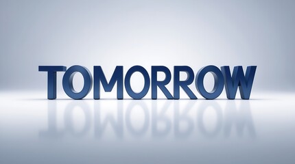 Bold typography of the word tomorrow showcased on a reflective surface with soft lighting