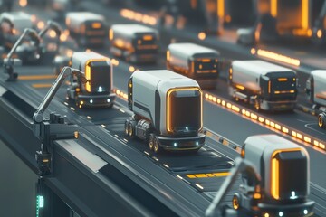 Autonomous electric trucks operate in a high tech fleet on an advanced transport system Generative AI