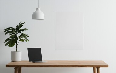 Fototapeta premium Minimalist Home Office Setup with Wooden Desk and Blank Poster