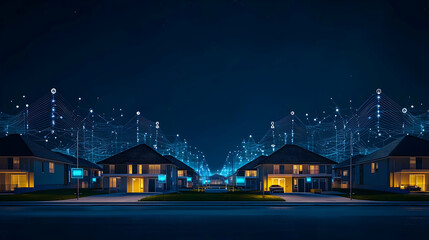 Night View Of Suburban Street With Illuminated Houses Digital Network Connections Above Futuristic Smart City Infrastructure Design 3D Rendering