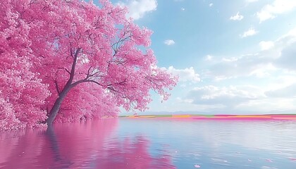 Pink Tree Reflecting for Calm Lake, Spring.